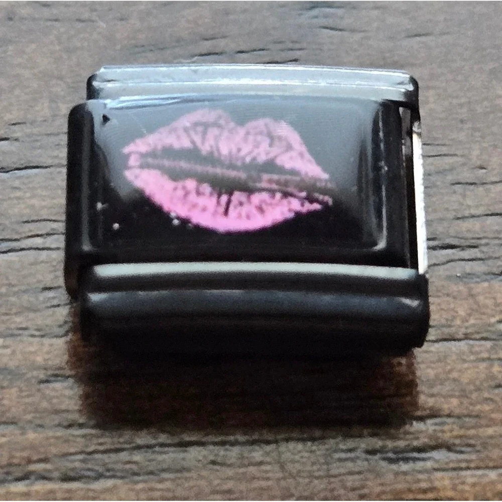 Pink Lips Italian Charm Link Black Stainless Steel 9mm Modular Bracelet Charm